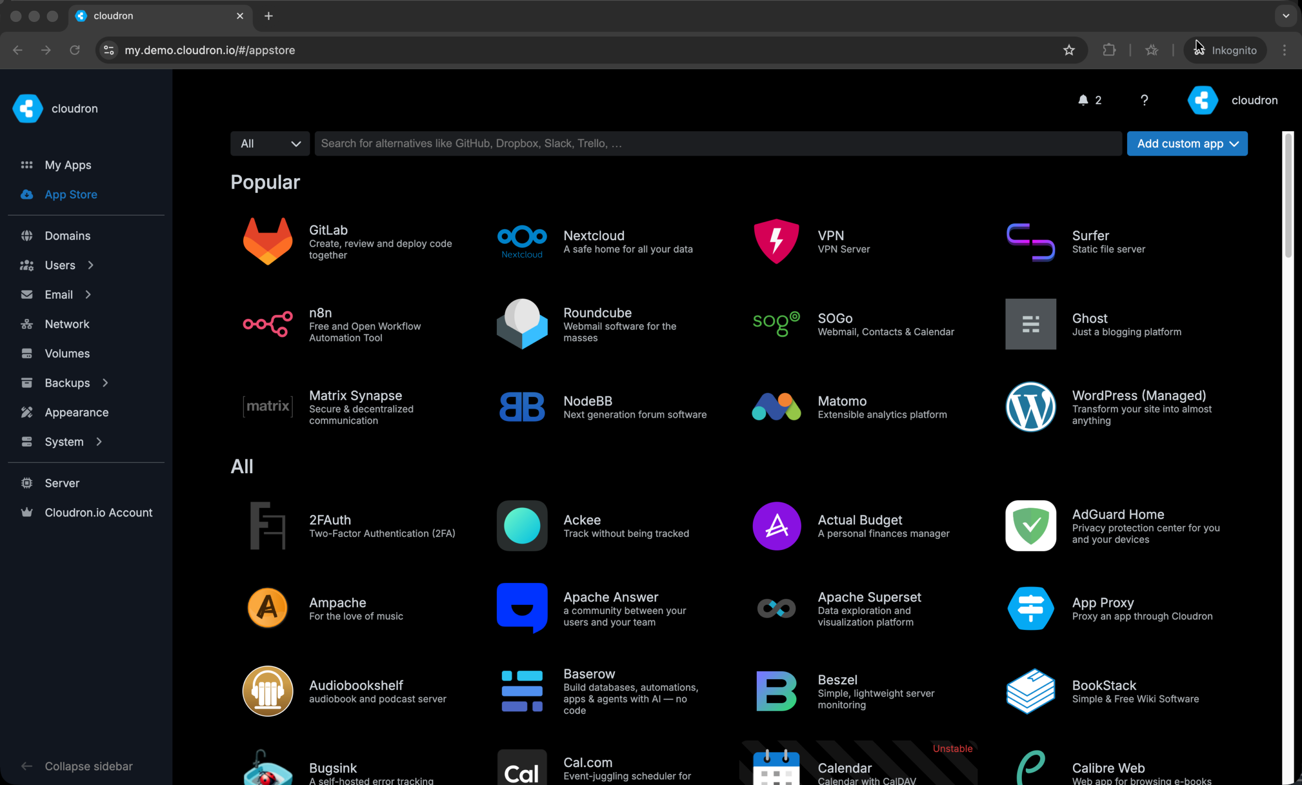 Cloudron App Store mit Popular- und All-Bereich