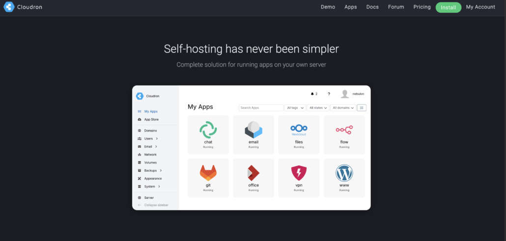 Cloudron Self-Hosting Plattform — Hero-Visualisierung von der Cloudron-Webseite