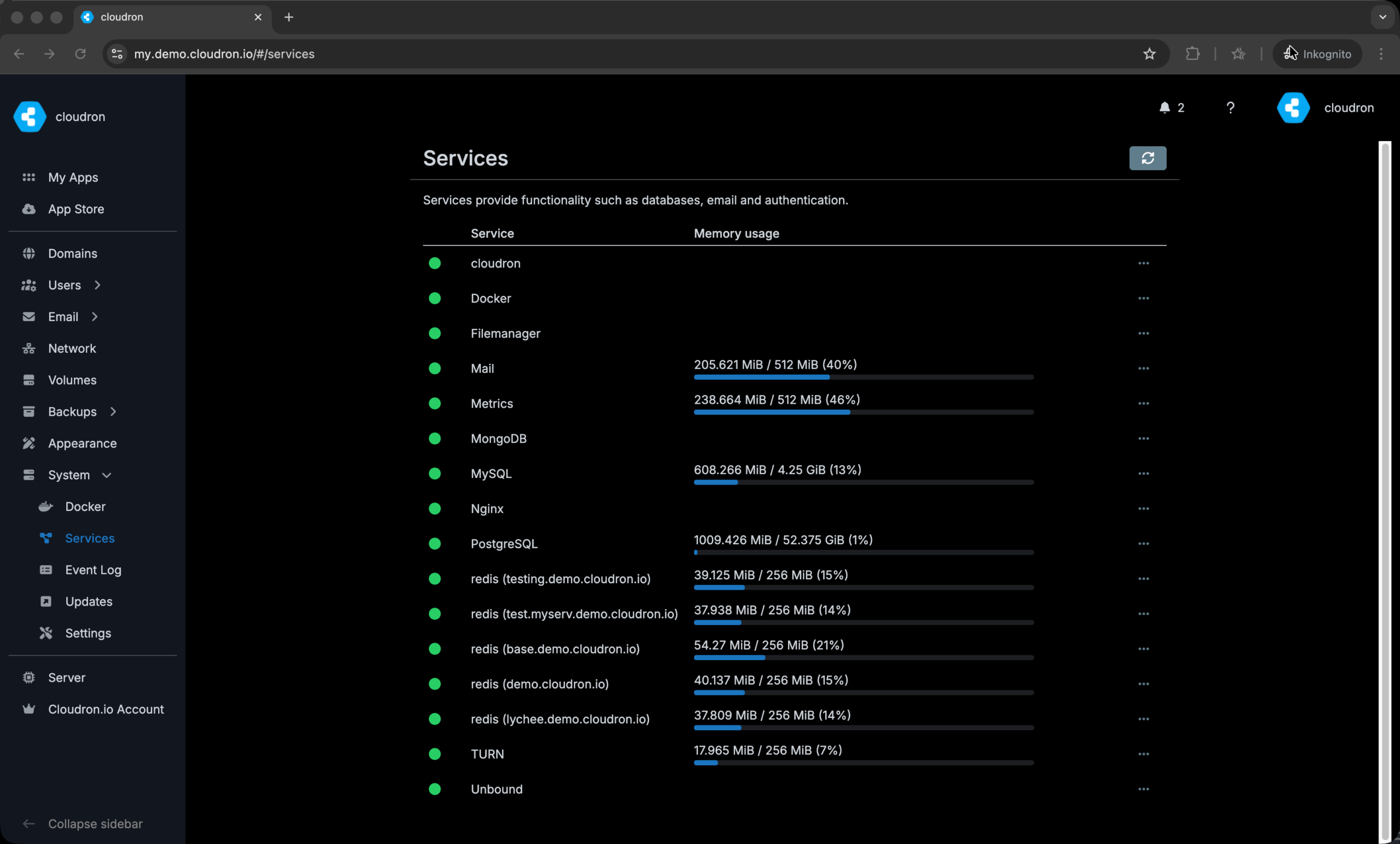 Cloudron Services-Liste mit MySQL, PostgreSQL, Redis, Mail und weiteren Diensten
