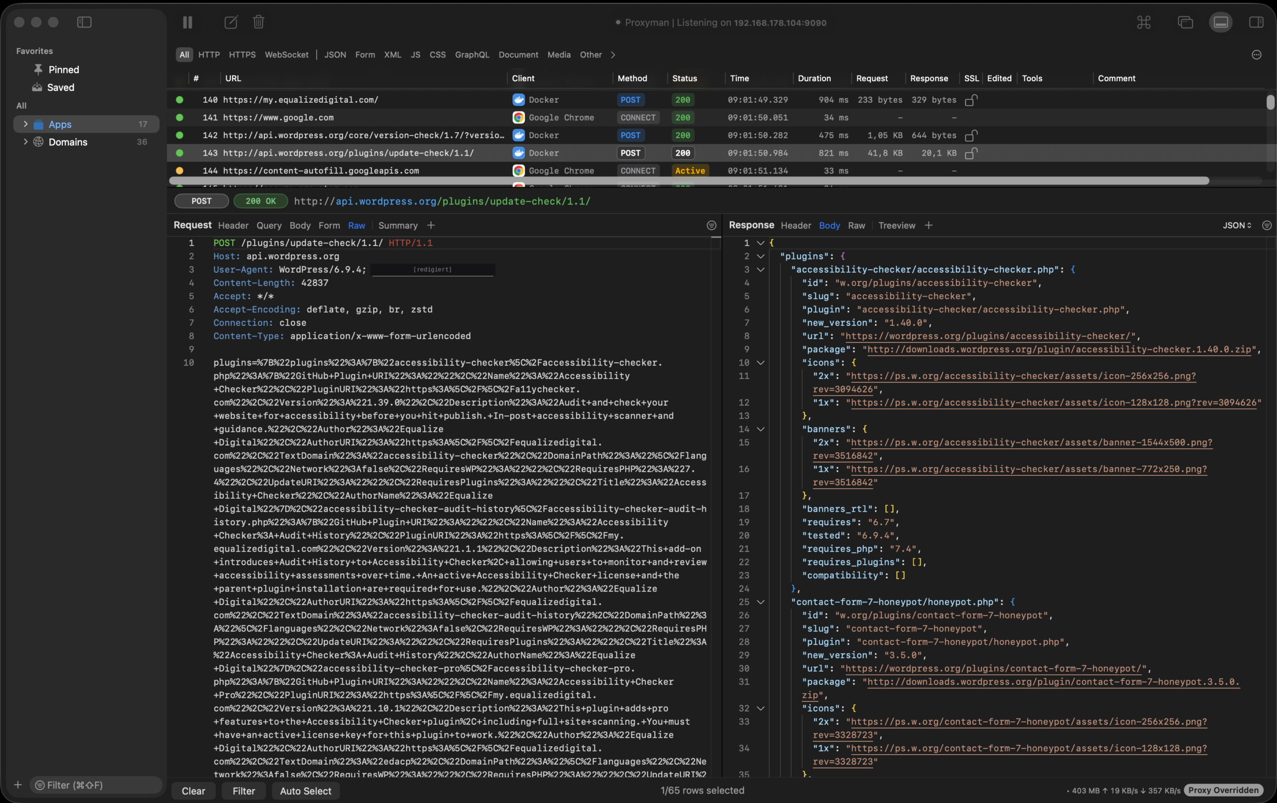 Proxyman zeigt einen POST an api.wordpress.org/plugins/update-check/1.1/ mit 41,8 KB Request und 20,1 KB Response