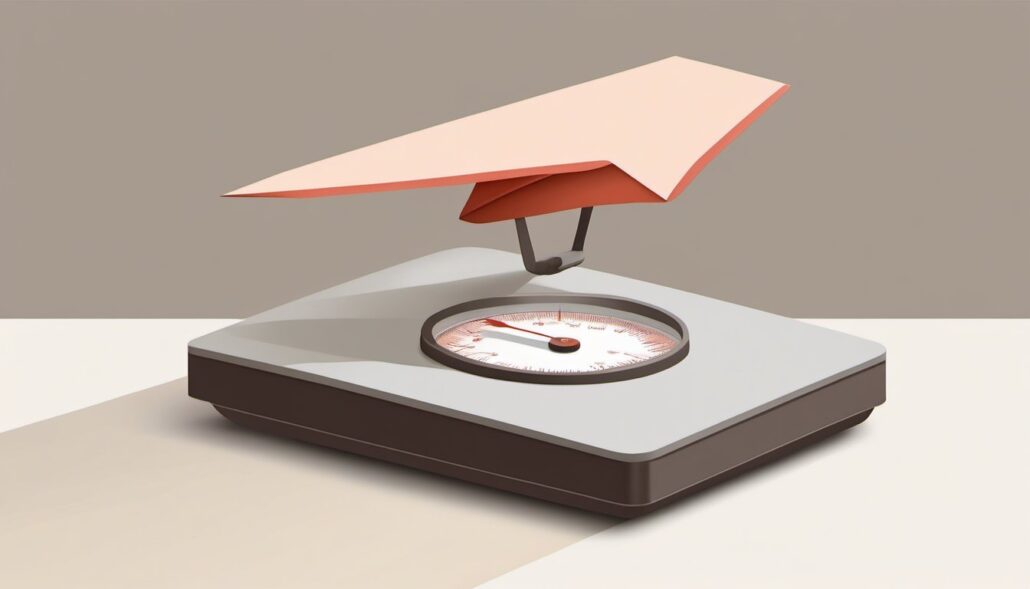 Minimalistische Illustration einer Waage mit einem Papierflieger darüber, cremefarbener Hintergrund und korallenrote Akzentfarbe