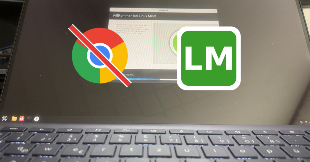 ASUS Chromebook CX9 mit Linux-Mint-Installation, durchgestrichenes ChromeOS-Logo und Linux-Mint-Logo