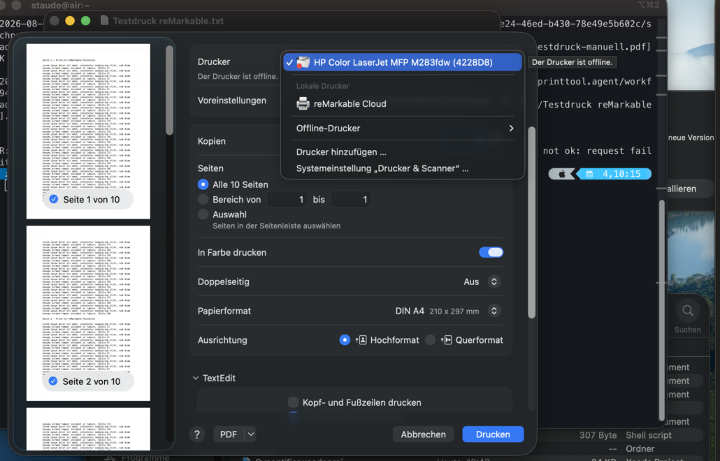 macOS-Druckdialog mit aufgeklappter Druckerliste: Unter Lokale Drucker steht der Eintrag reMarkable Cloud
