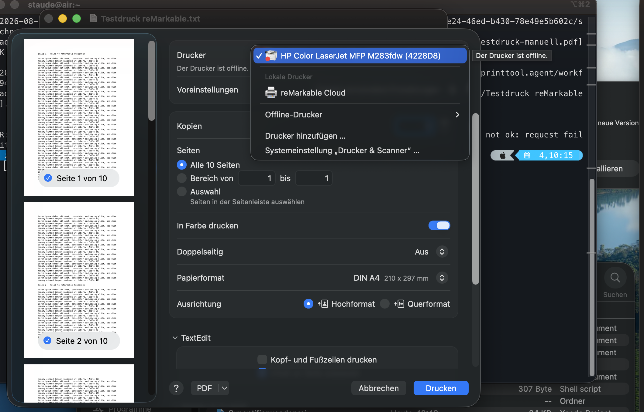 macOS-Druckdialog mit aufgeklappter Druckerliste: Unter Lokale Drucker steht der Eintrag reMarkable Cloud