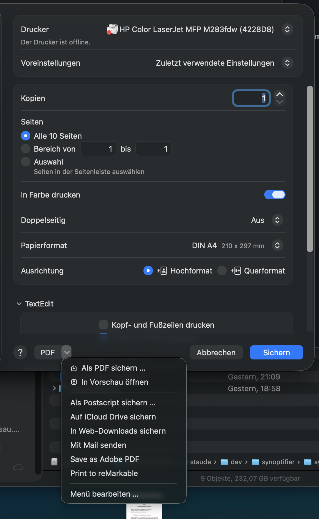 macOS-Druckdialog in TextEdit: Das aufgeklappte PDF-Menü unten links zeigt den Eintrag Print to reMarkable