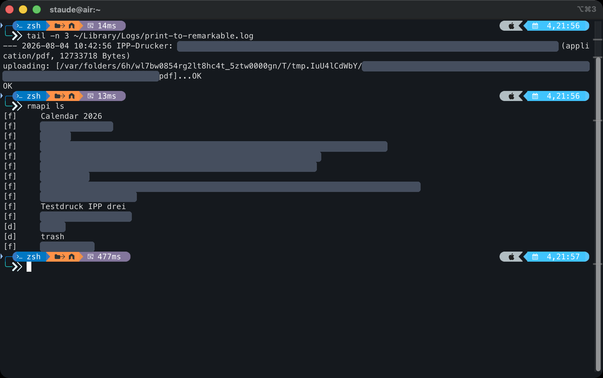 iTerm2 mit dem Log von print-to-remarkable: Ein Druckjob aus dem Browser wird per IPP-Drucker hochgeladen und mit OK quittiert, darunter das rmapi-ls-Listing mit dem Testdruck, private Dokumentnamen geschwärzt