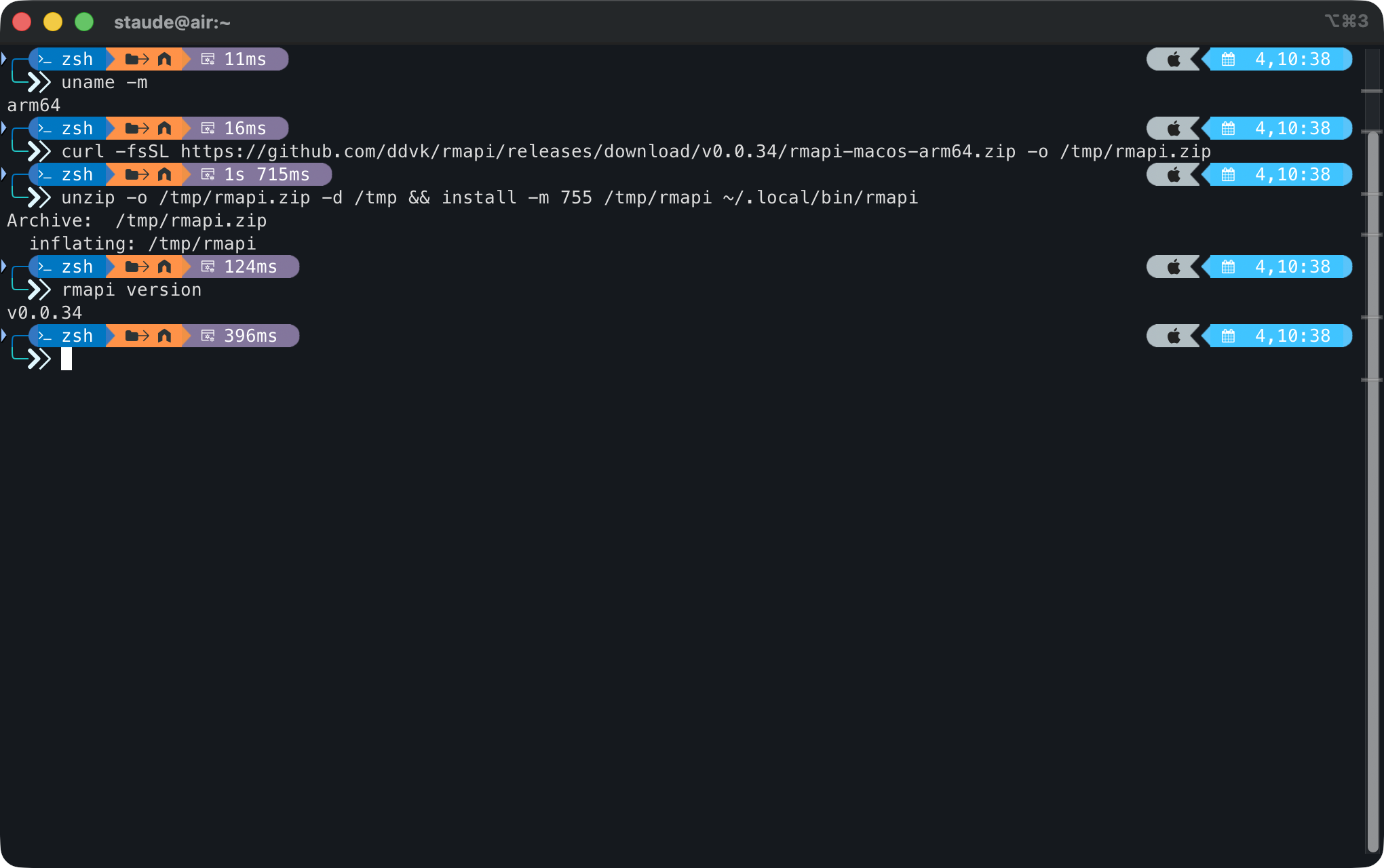 iTerm2-Fenster mit den vier Install-Befehlen: uname, curl-Download von v0.0.34, unzip mit install und rmapi version mit Ausgabe v0.0.34