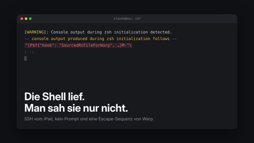 Stilisiertes Terminalfenster mit Powerlevel10k-Warnung und rot markierter Warp-Escape-Sequenz, darunter der Titel 'Die Shell lief. Man sah sie nur nicht.'