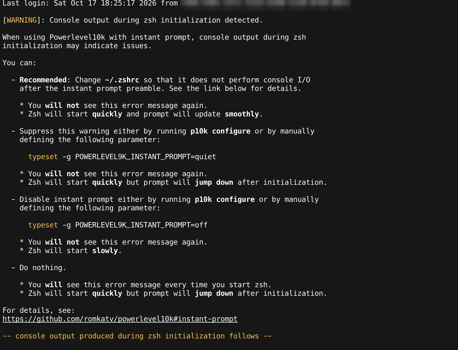 Terminal-Ausgabe in Prompt 3 auf dem iPad: Powerlevel10k-Warnung 'Console output during zsh initialization detected', darunter keine sichtbare Ausgabe